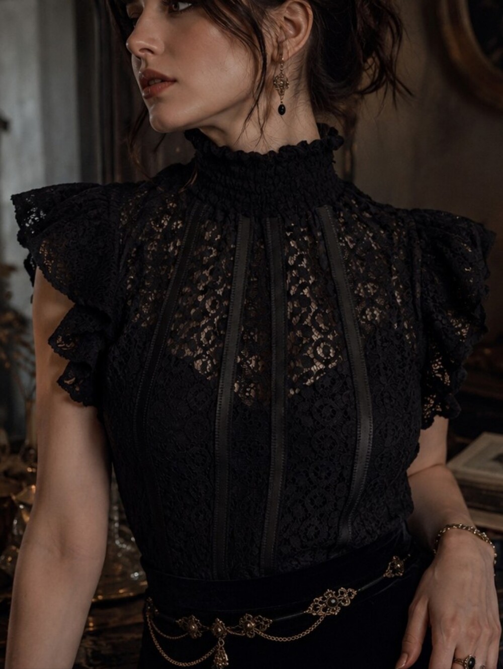 Express Black Lace Ruffle High Neck Blouse S Whimsy Goth Victorian Sheer Top
